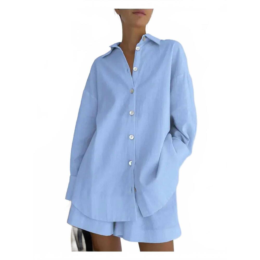 NEW SWEETKAMA ladies leisure button-down shorts set in blue